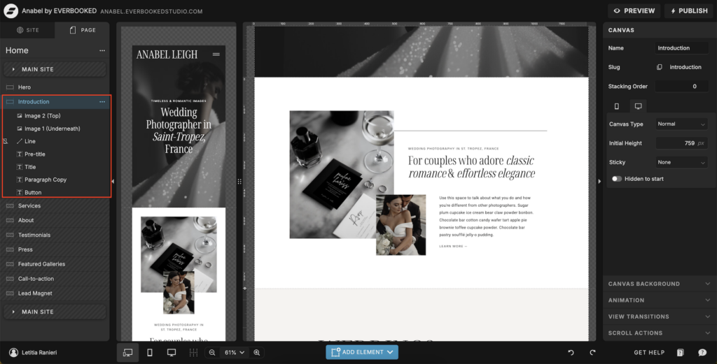 Element organisation and clear labelling for Showit website templates